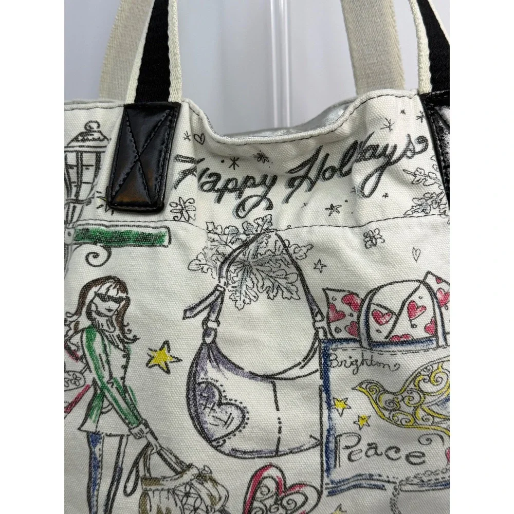 Brighton Happy Holidays Canvas Tote Bag Cream Multi Sketch Print Festive Shopper